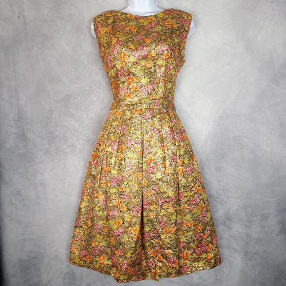 Suzy Perette Dresses & Skirts - Vintage Suzy Perette Dress Womens Small Floral Metallic Jacquard Fit Flare 60s
